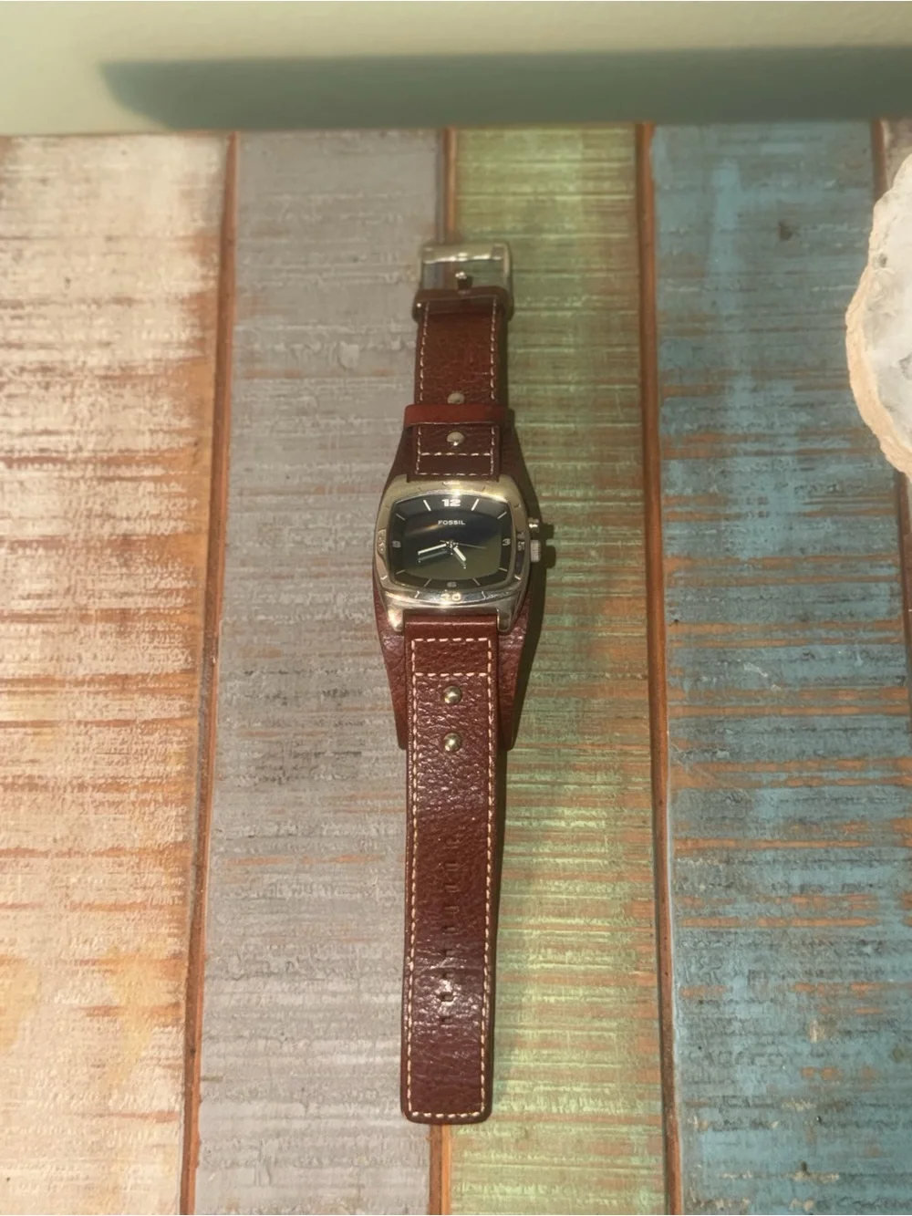 Fossil Men's AM3695 Cuff Kaleido Leather Strap Blue Mirror Dial Watch